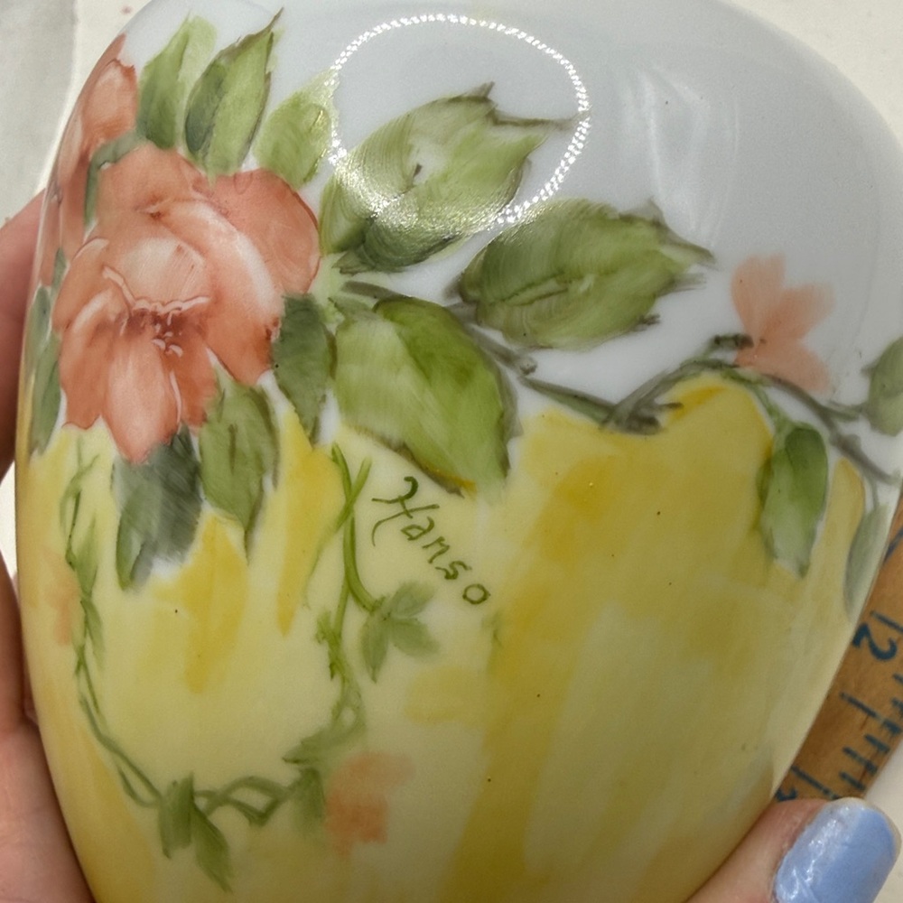 Vtg Hanso Painted Floral Porcelain Vase Flowers Yellow Bud Vase Cottage Decor - Picture 12 of 13